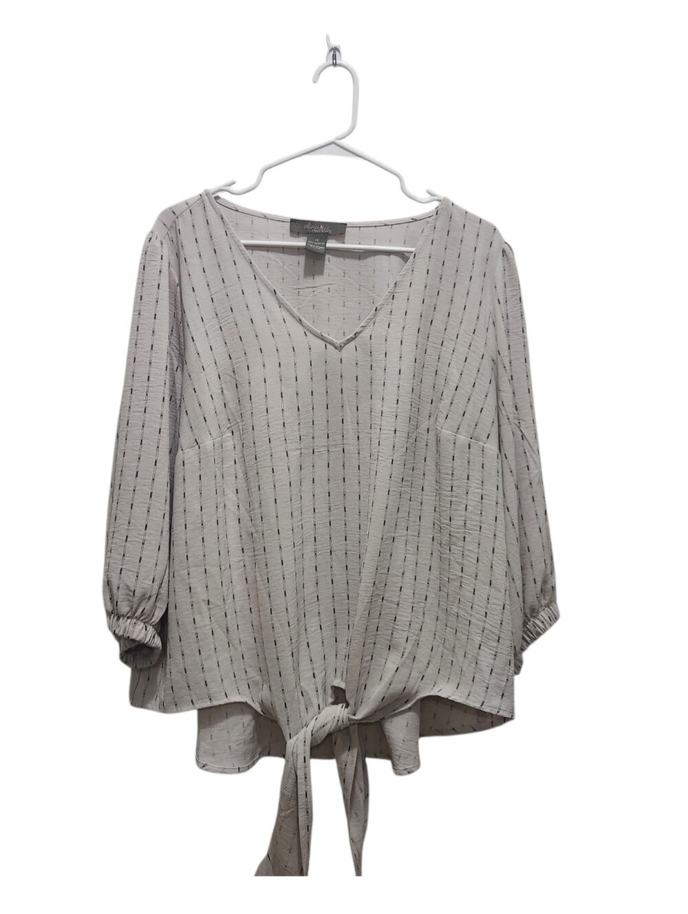 Olivia & Martin Tie Front Blouse Cream Gray Striped Boho Peasant Top Plus 1X